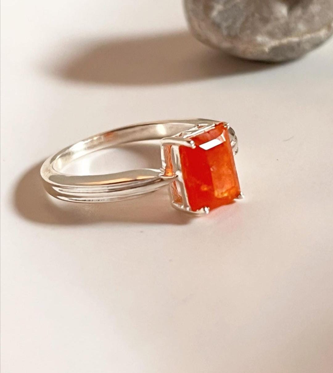 Stylish rectangular carnelian ring with polished silver setting