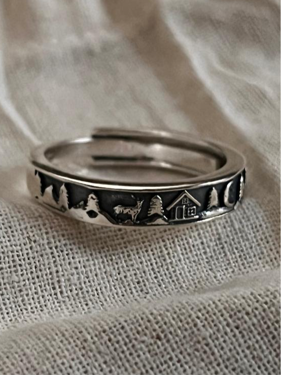 Forest, Reindeer, Moon, and Cottage Adjustable Silver Ring