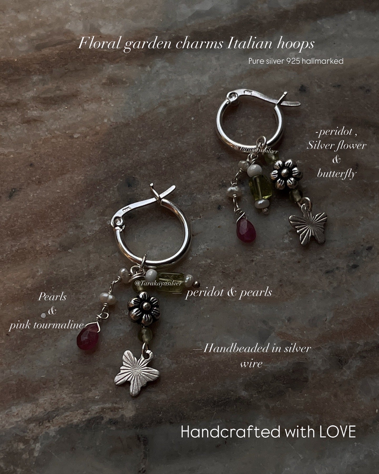 Italian silver hoop earrings with butterfly, flower, and gemstone charms