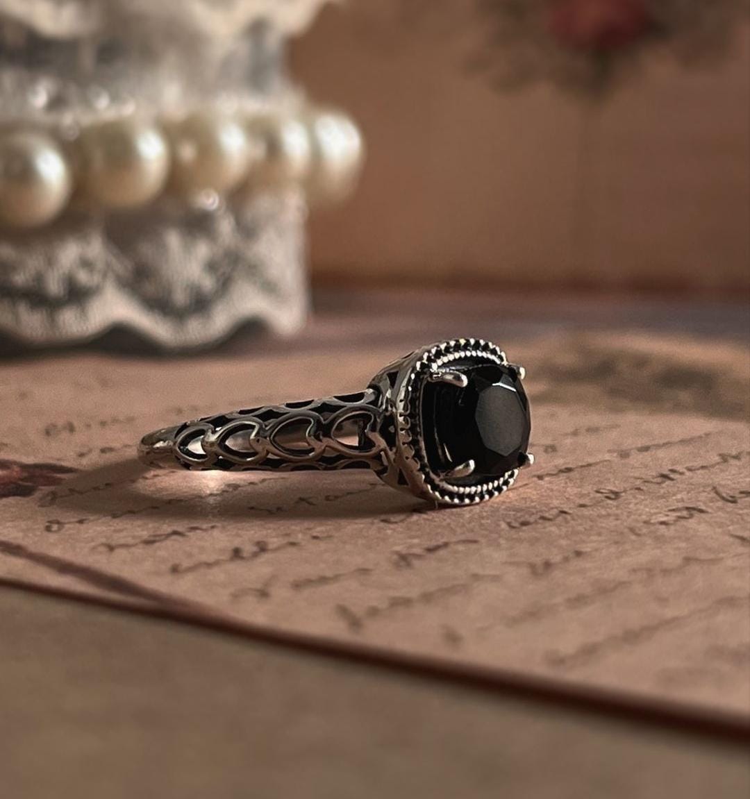 Silver Ring with Black Onyx Heart Design