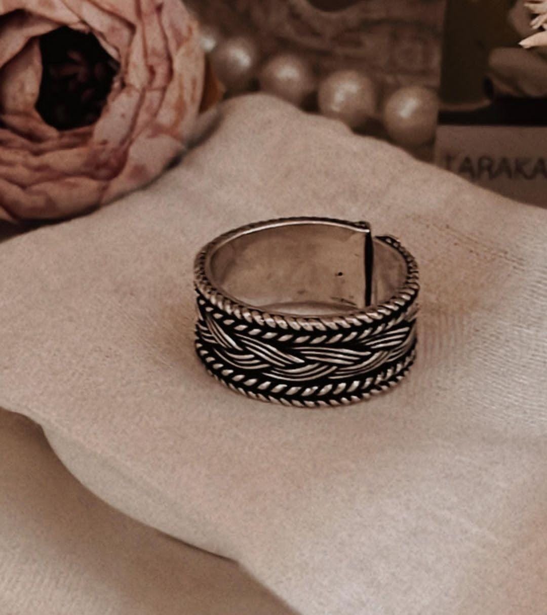 Boho-inspired tribal braided band silver ring