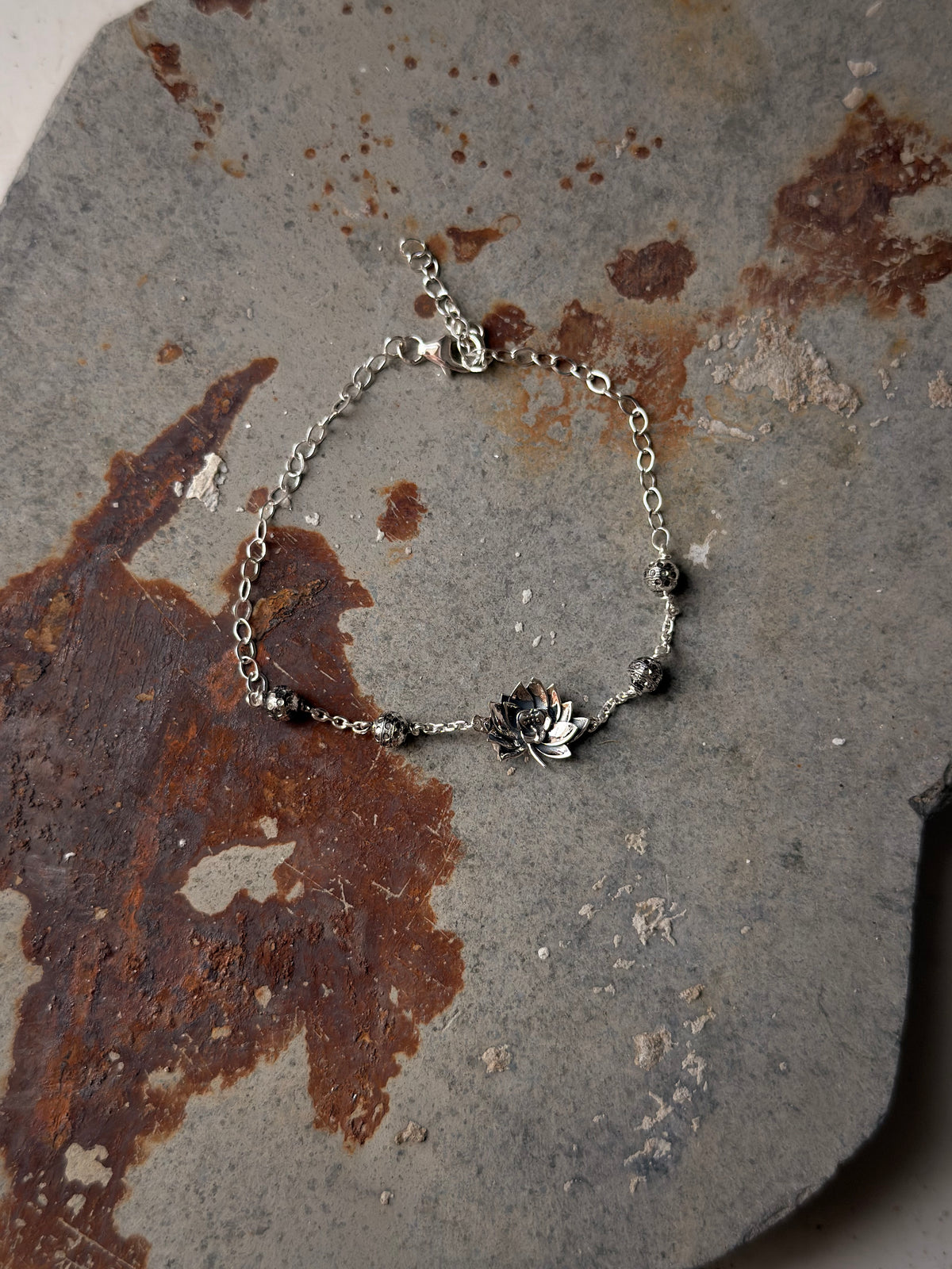 925 Sterling Silver Divine Lotus Ball Oxidised Finish Anklet