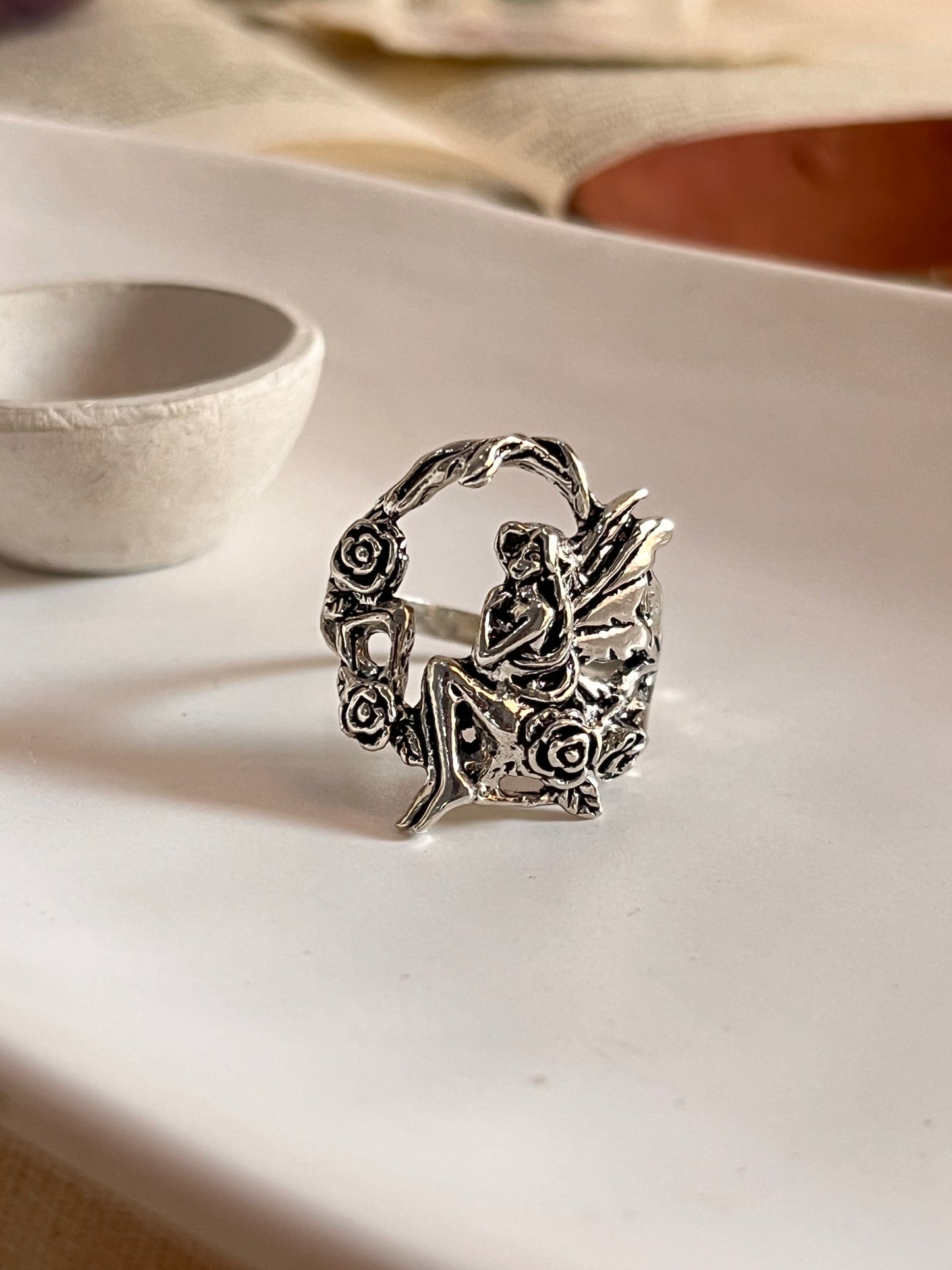 Sophisticated fairy in forest silver ring with graceful fairy figure