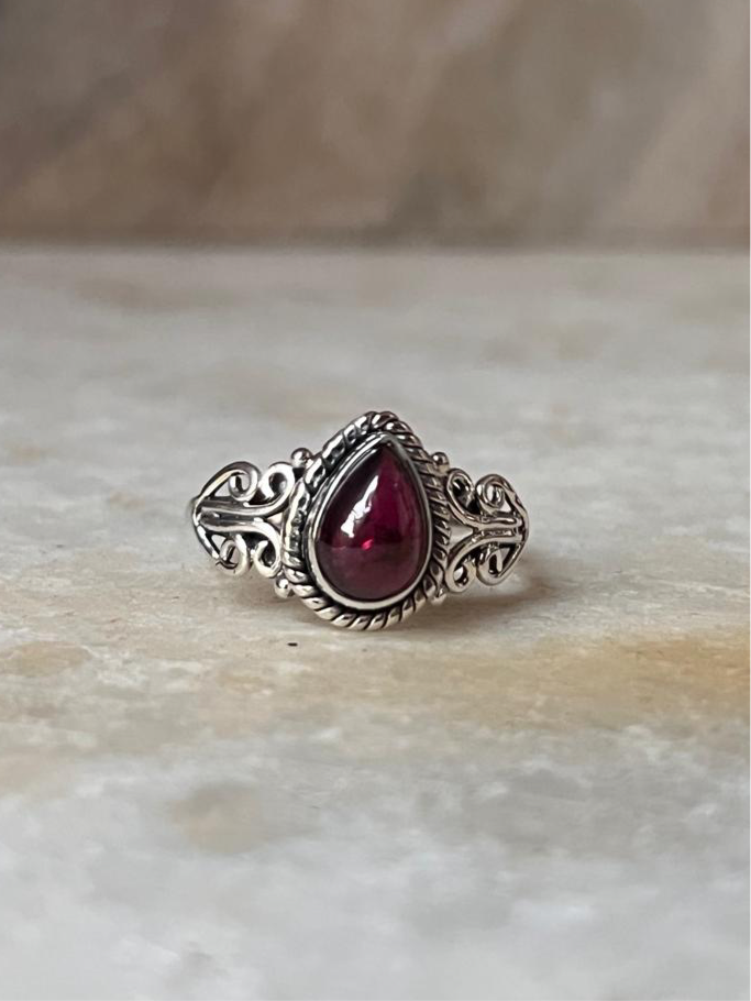 Garnet Pear Boho 925 Sterling Silver Ring