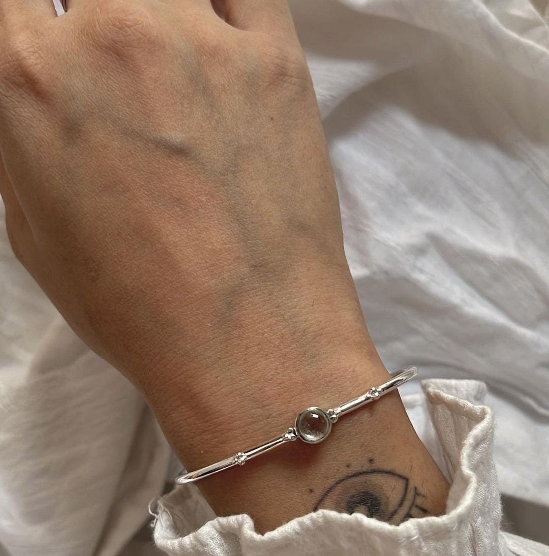 Handcrafted Aquamarine Boho Rawa Silver Bangle
