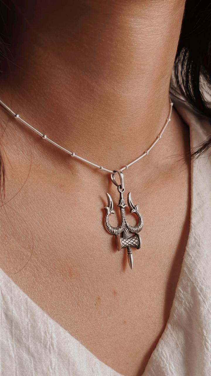 Big Trishul Damru silver pendant for spiritual style