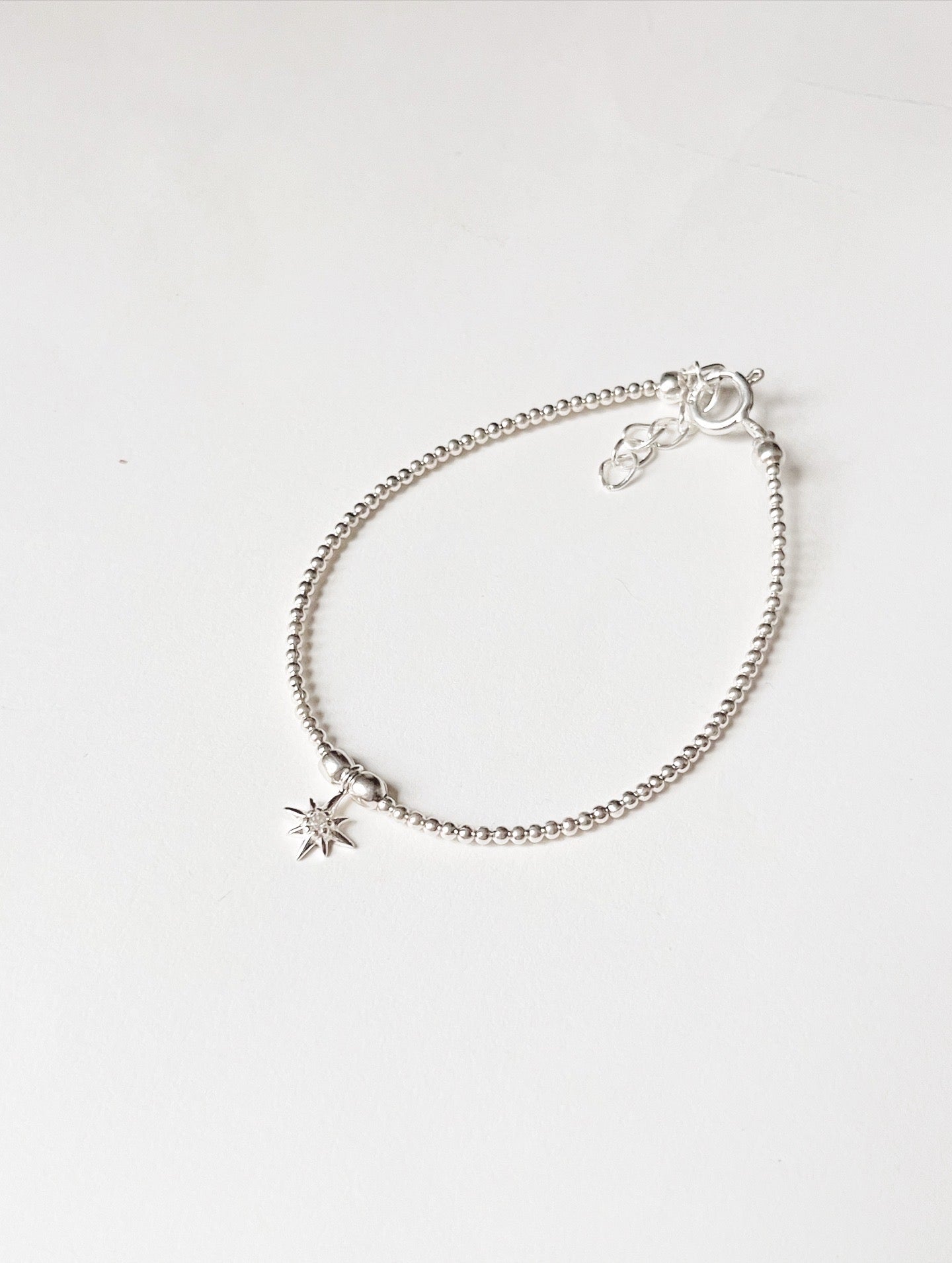 Minimalist Silver Beaded Bracelet with White Topaz Star