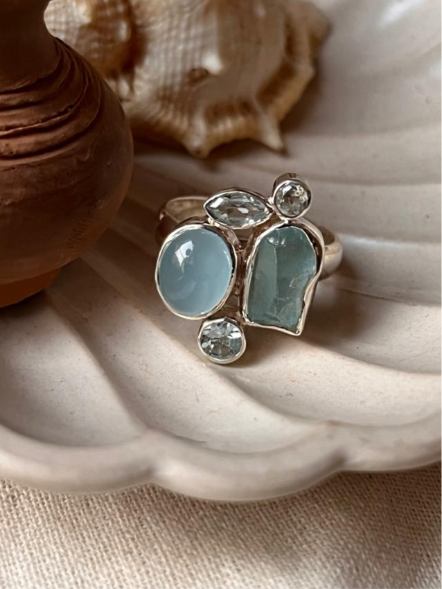 Aquamarine & Blue Topaz Cluster 4 Silver Ring