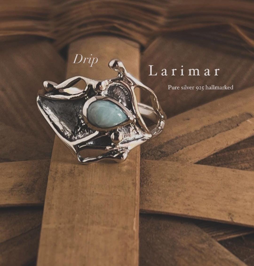 Sterling Silver Larimar Molten Drip Ring for Bold Style