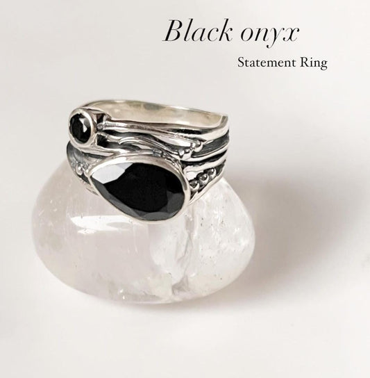 Rustic Silver Ring Featuring Black Onyx Pear Cut