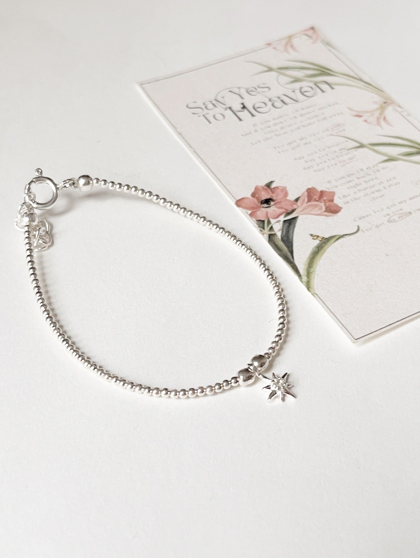 Stackable 925 Silver Beaded Bracelet with White Topaz North Star