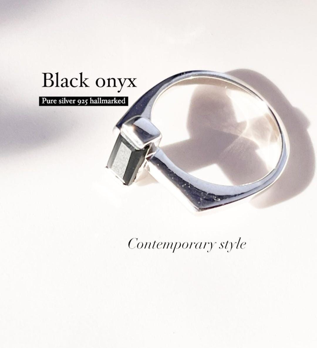 Black Onyx Side Stone Silver Ring