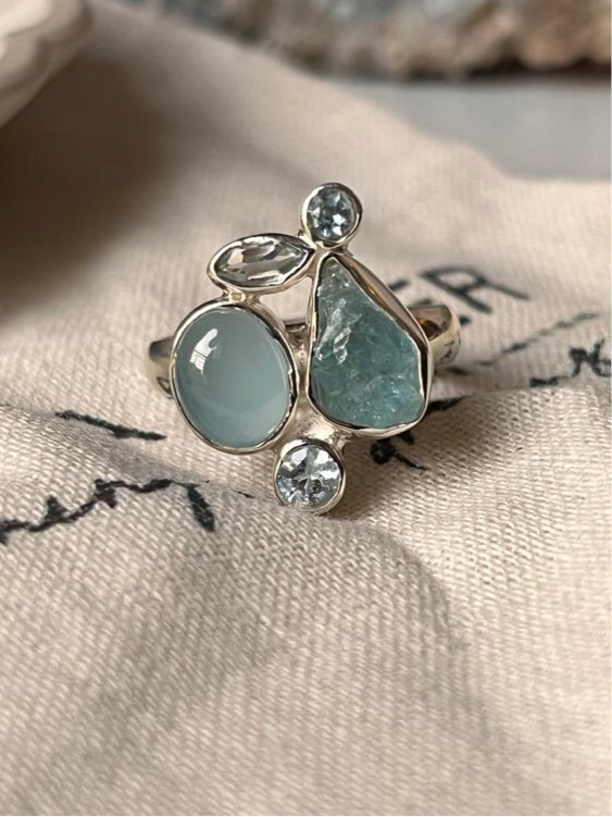 Aquamarine and blue topaz cluster 2 silver ring