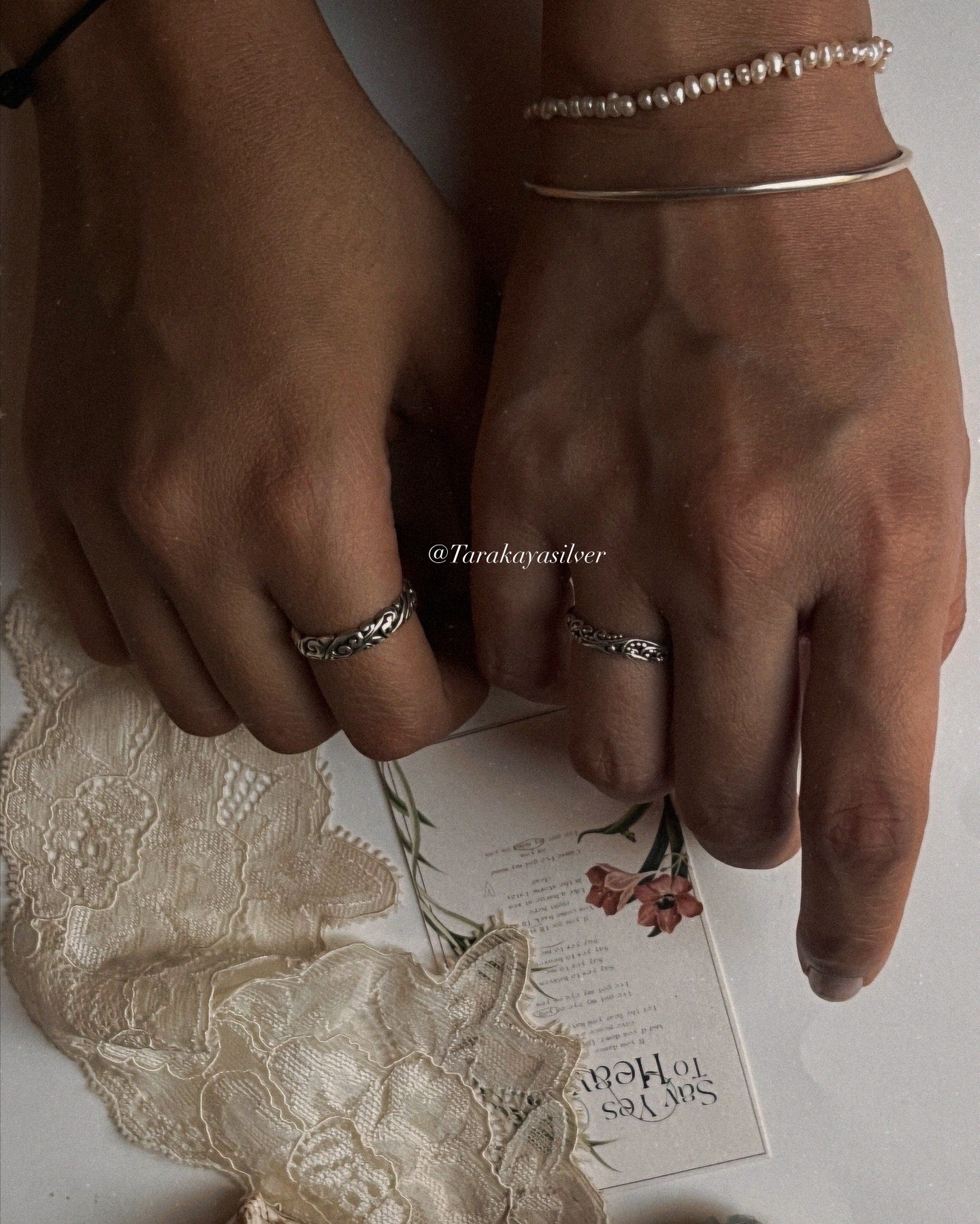 Thin and medium vintage-inspired silver rings stack set