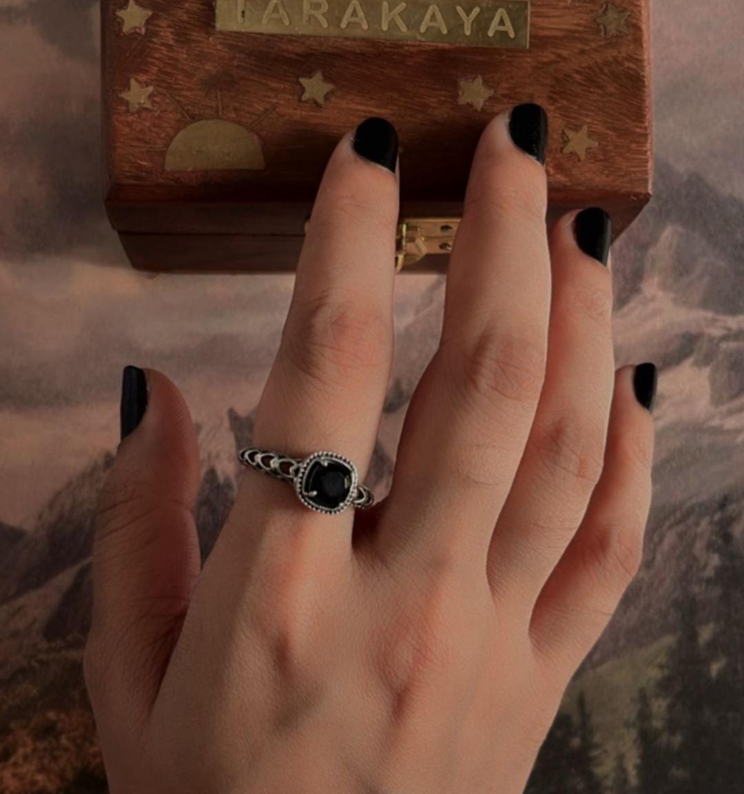 Unique Silver Heart Band Ring with Black Onyx