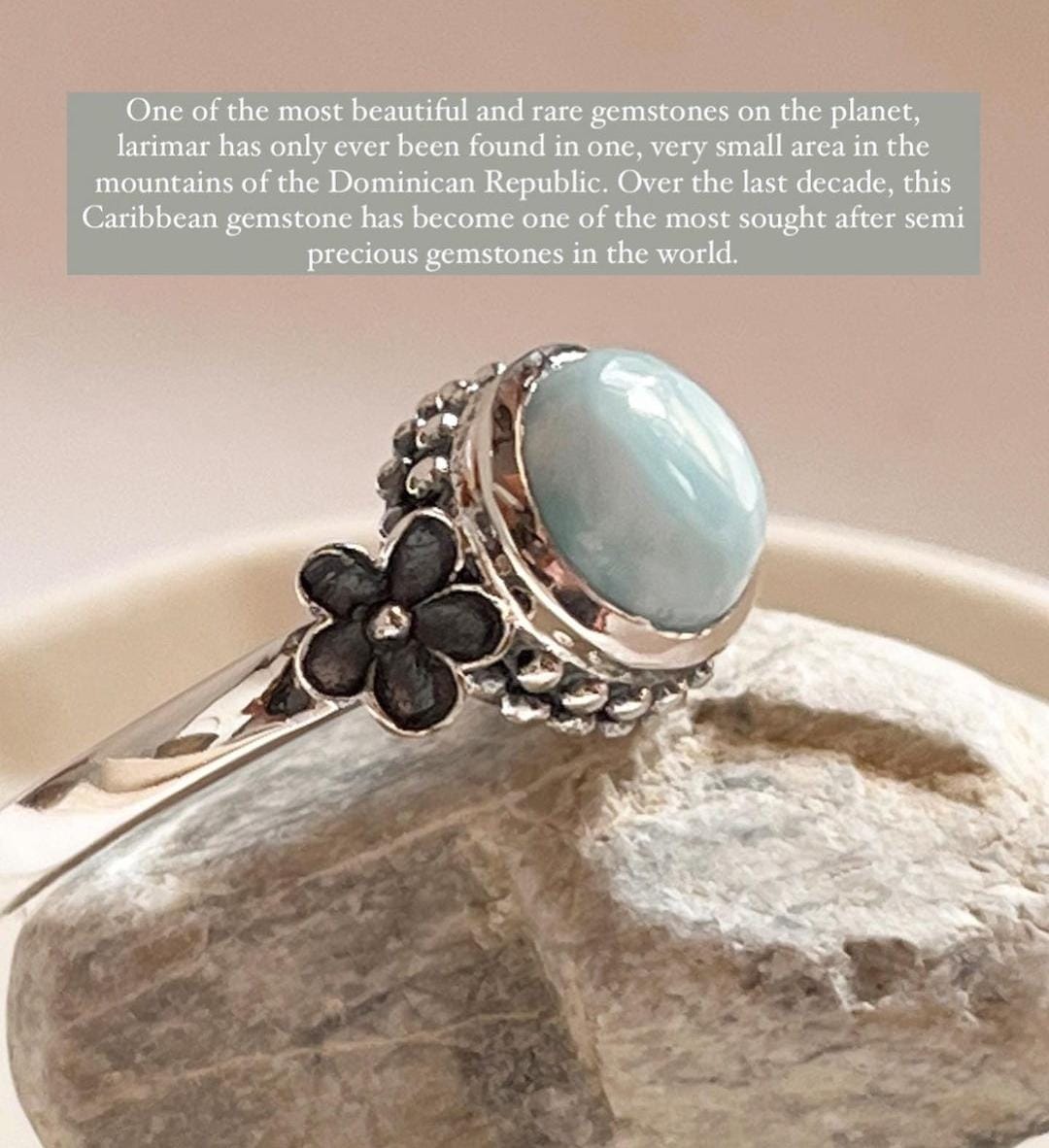 Beautiful cherry blossom silver ring with Larimar stone center