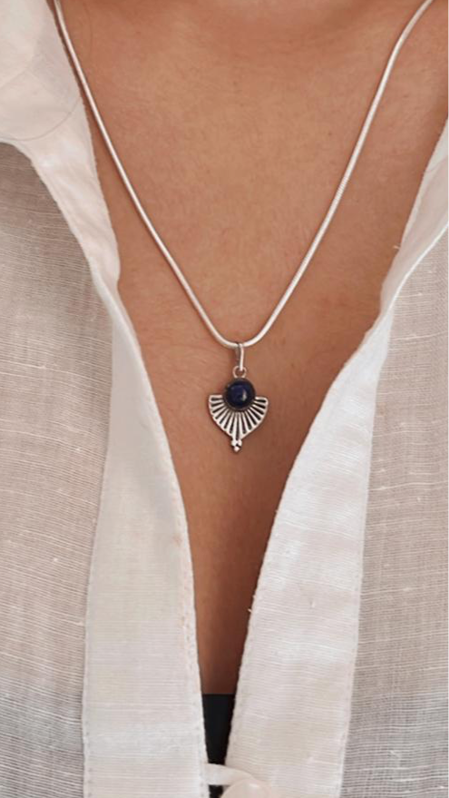 Lapis Lazuli Fan 925 Sterling Silver Necklace