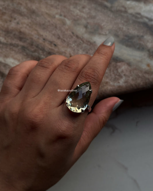 925 Silver Green Amethyst Pear Shape Ring