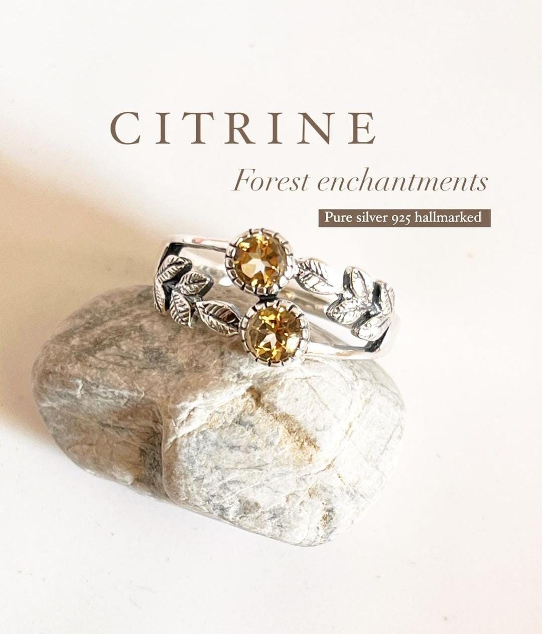 Citrine forest enchantment silver ring with intricate nature-inspired design
