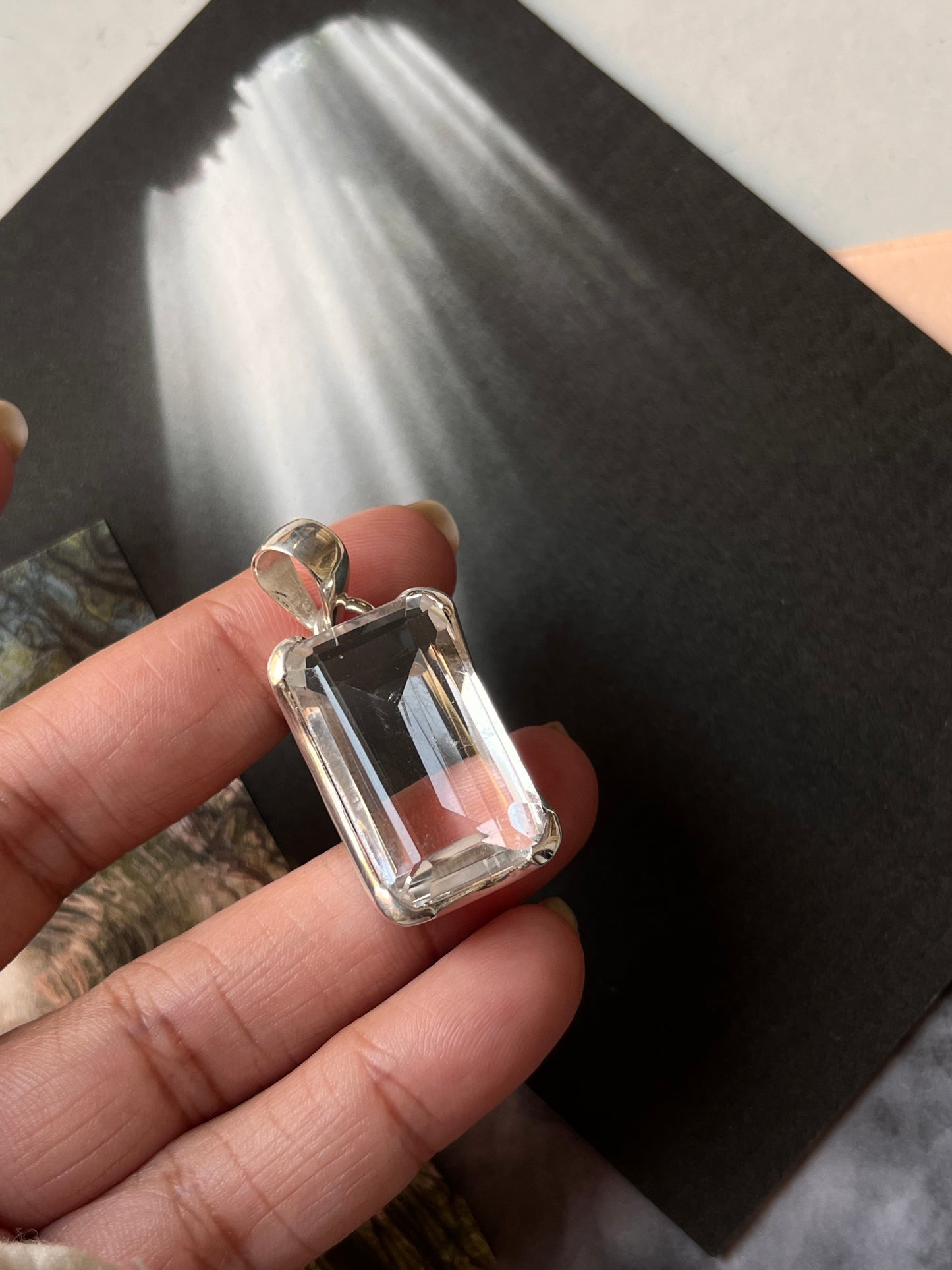 Handcrafted Clear Quartz Rectangular Pendant in Silver