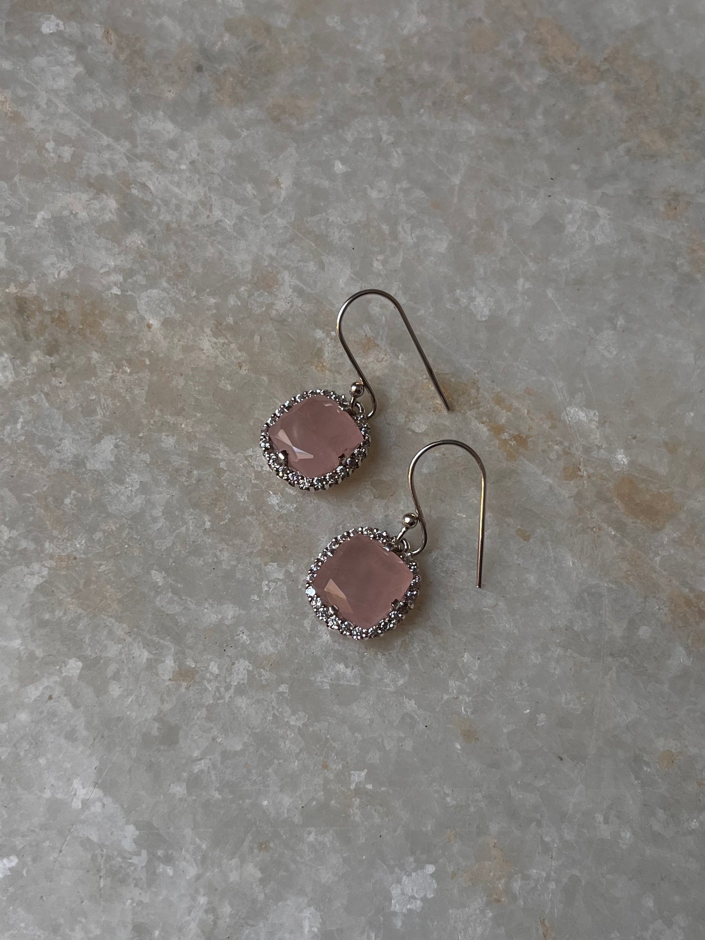 Rose Quartz Cushion Cut Halo Cz 925 Sterling Silver Earrings