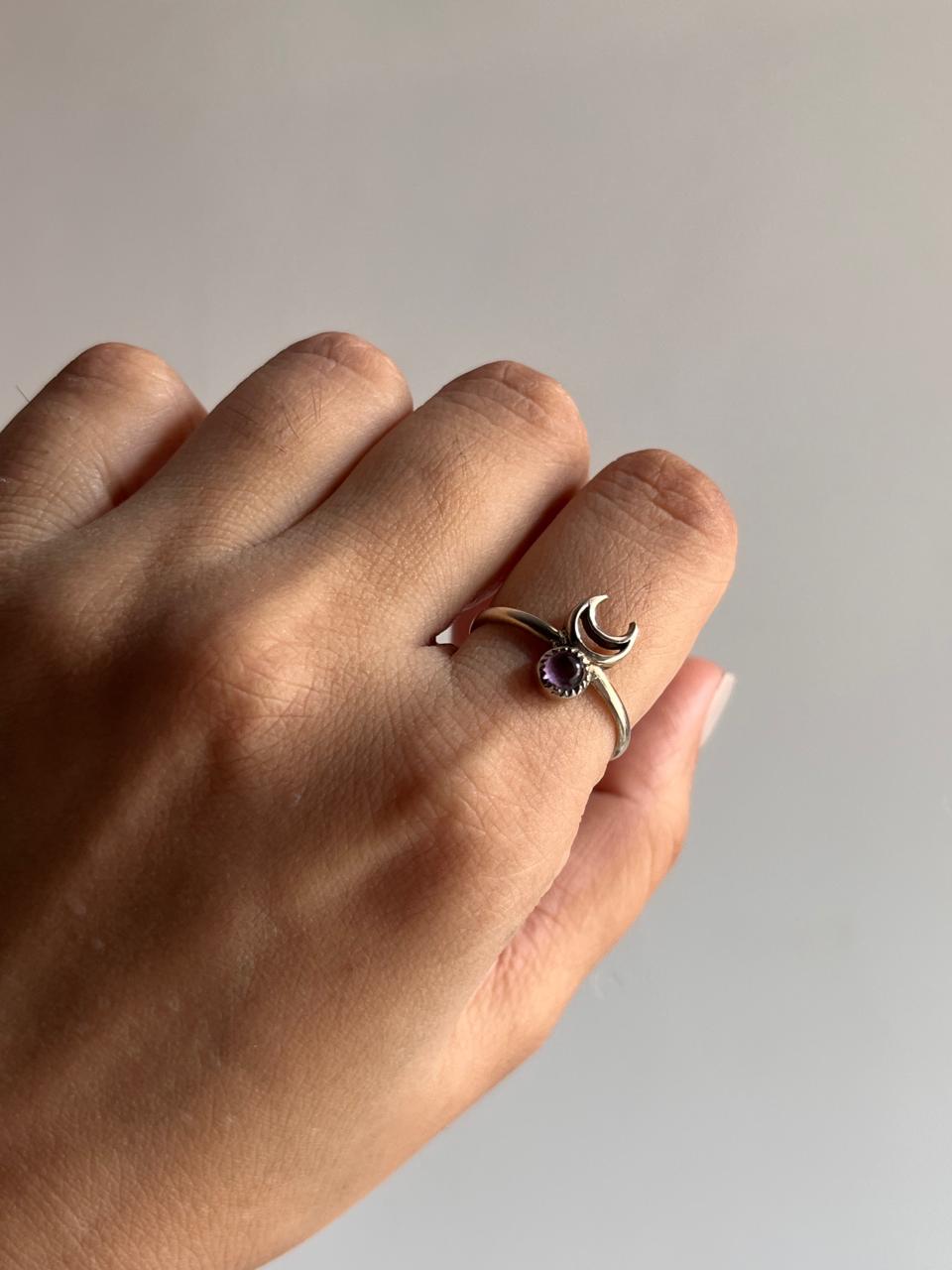 Crescent Moon Amethyst Ring in Silver for Positive Energy