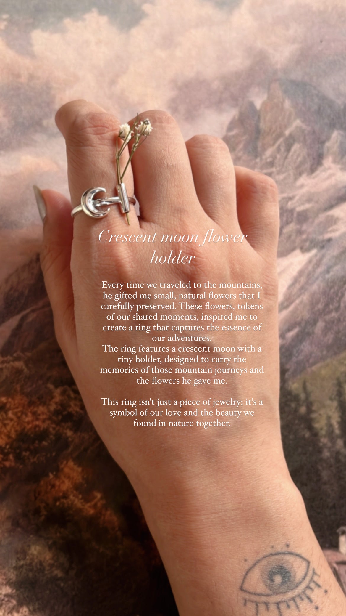 Handcrafted Moon Flower Holder Silver Ring with Unique Detailing