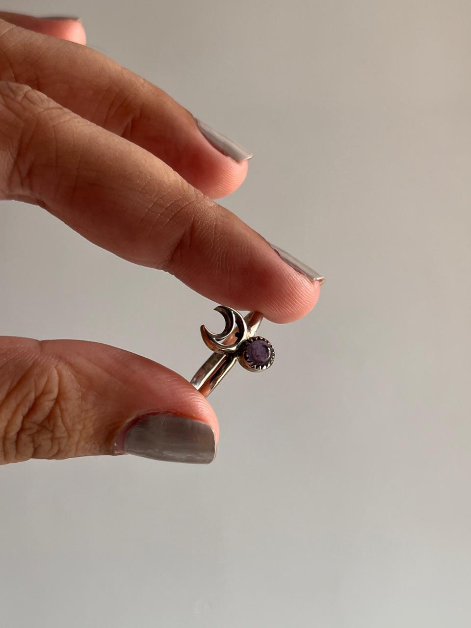 Amethyst Silver Ring with Crescent Moon for Spiritual Healing