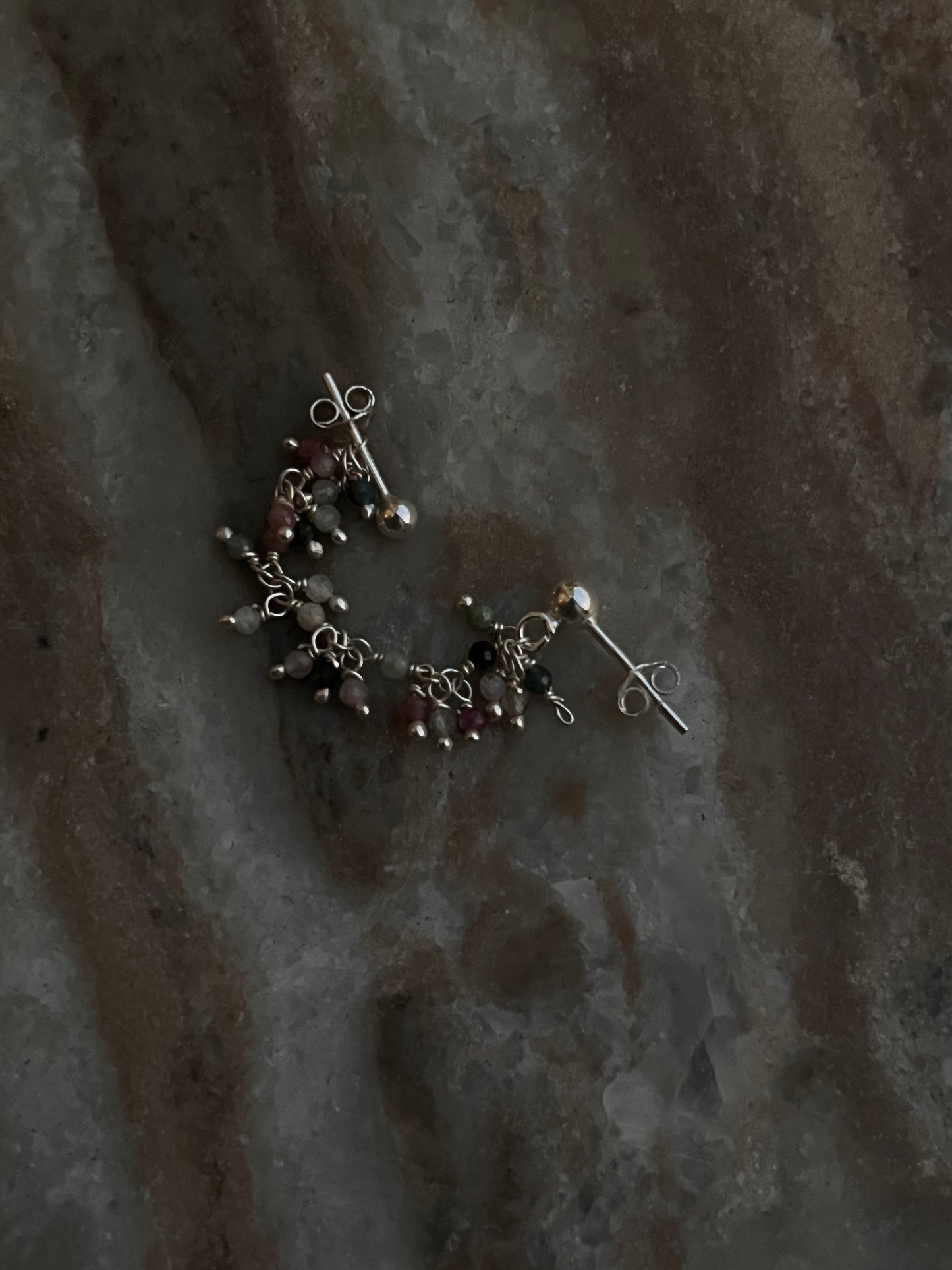 Handcrafted multi-tourmaline silver earrings with dual chain design