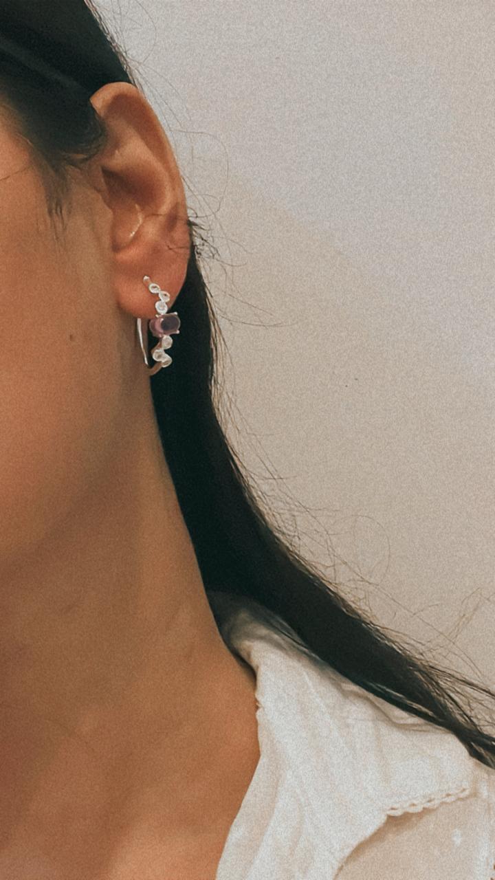 Elegant Amethyst CZ Silver Half Hoop Earrings