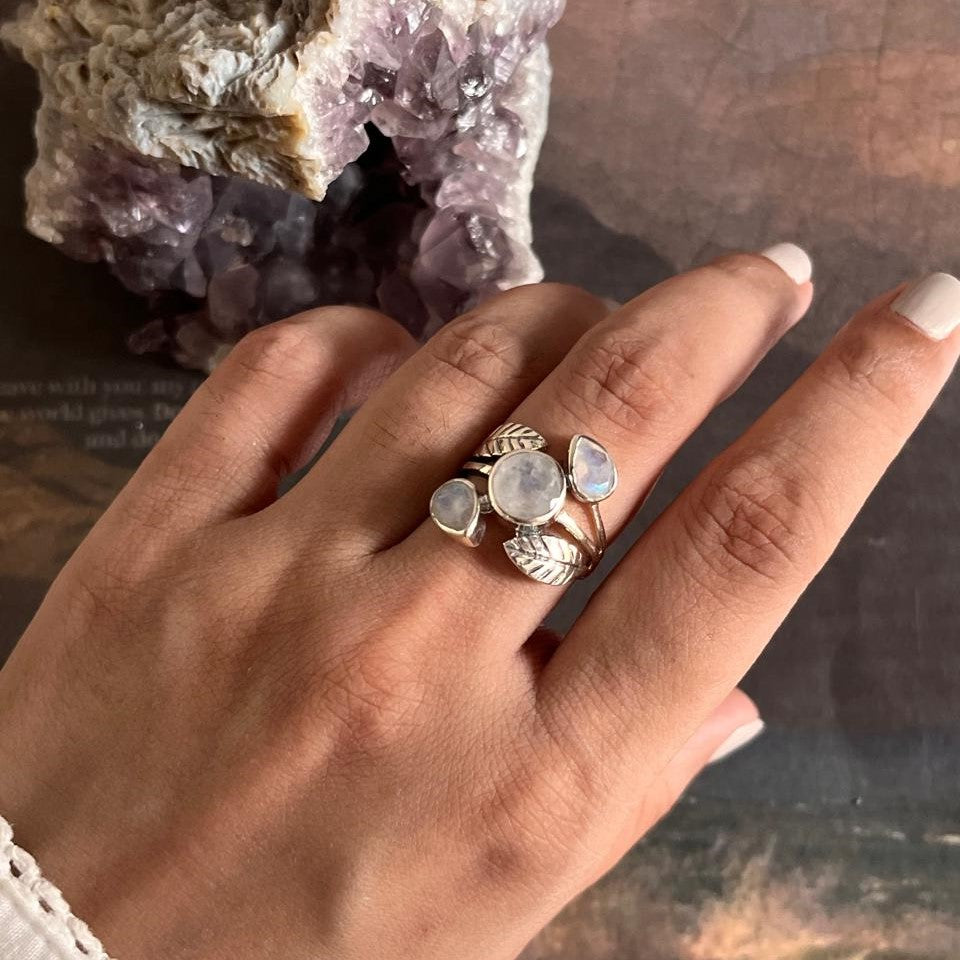 Elegant Forest Design Moonstone Statement Silver Ring