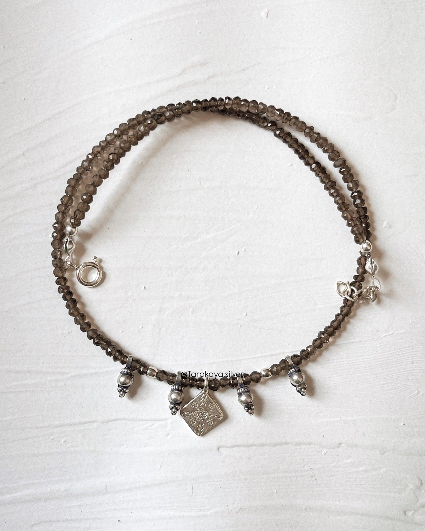 Smokey Quartz 3MM-4MM Faceted Tribal Handcrafted 925 Sterling Silver Boho Necklace