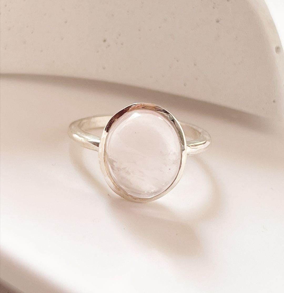 Delicate rose quartz oval silver ring for everyday wear