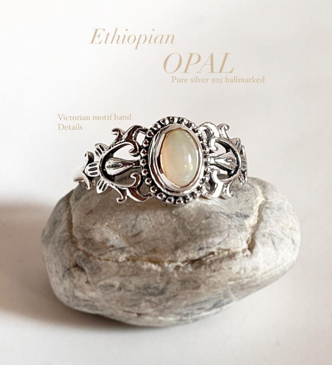 Vintage motif opal sterling silver ring