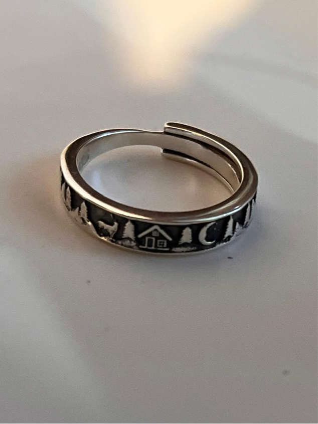 Sterling Silver Adjustable Ring Featuring Reindeer, Moon, Forest, and Cottage