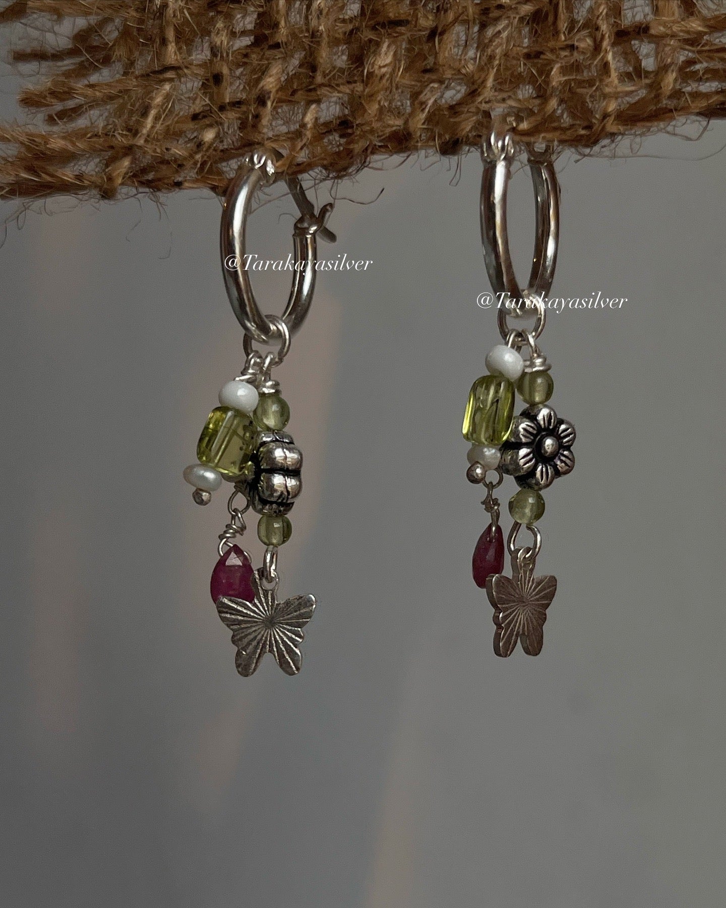 Removable charm hoop earrings in silver with floral garden theme
