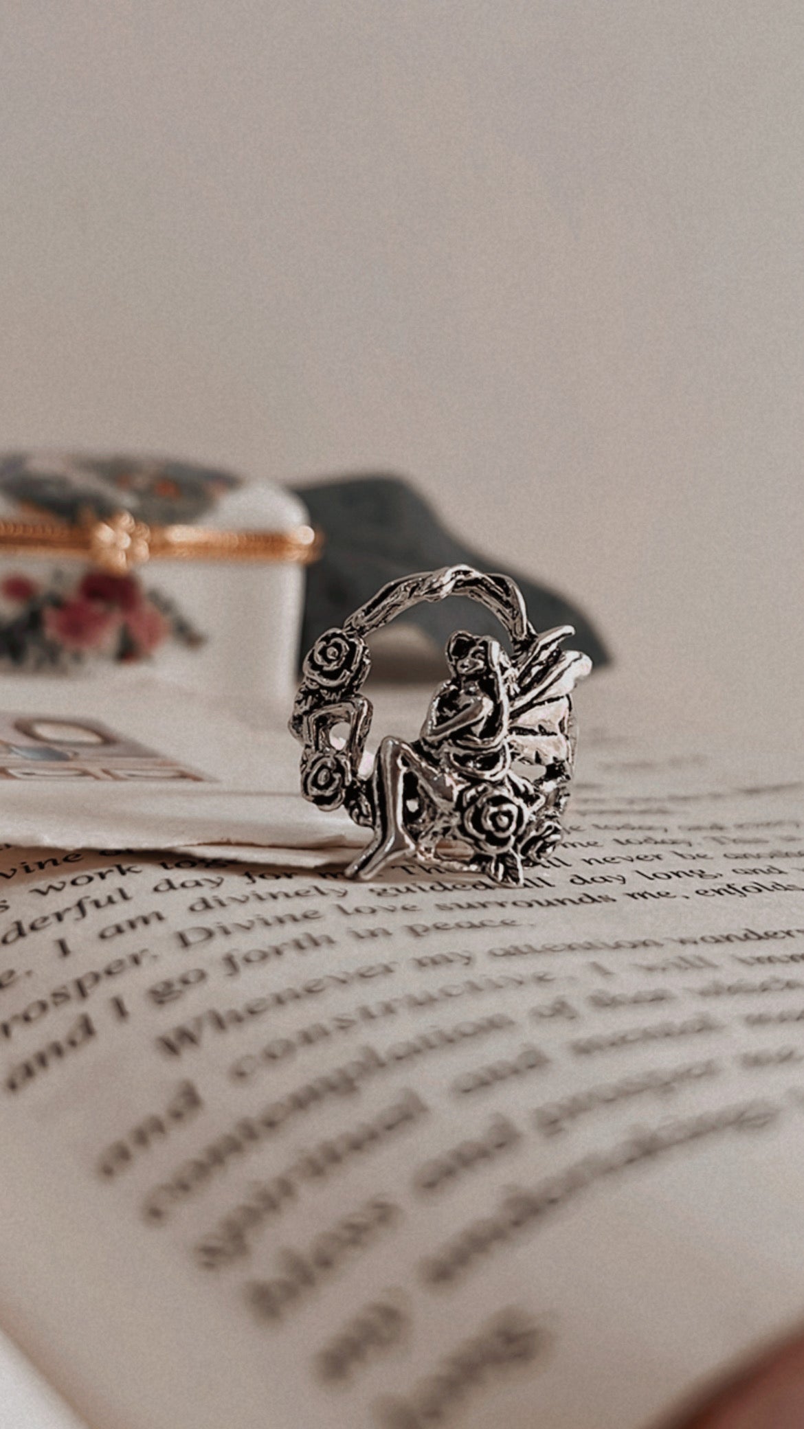 Unique fairy in forest silver ring with forest leaves and detailed fairy