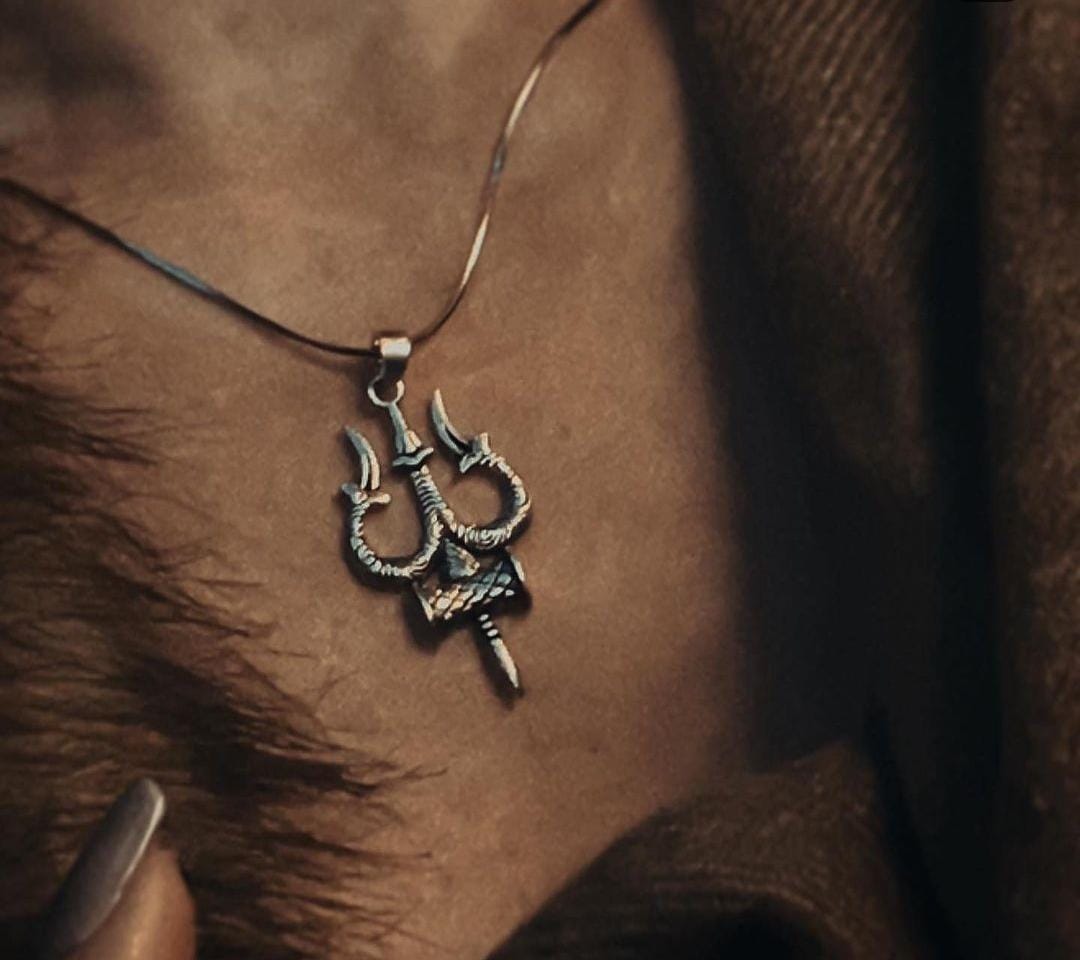 Elegant large Trishul Damru pendant in sterling silver