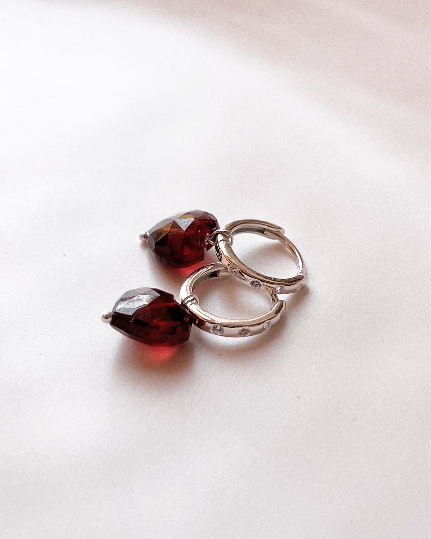Elegant Garnet Heart CZ Silver Huggie Earrings for Women