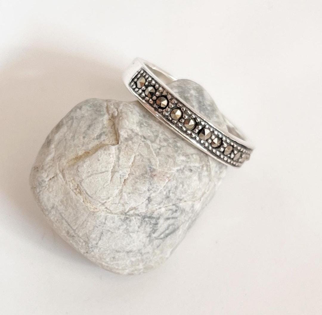 Handcrafted Marcasite Band Silver Ring with Intricate Design