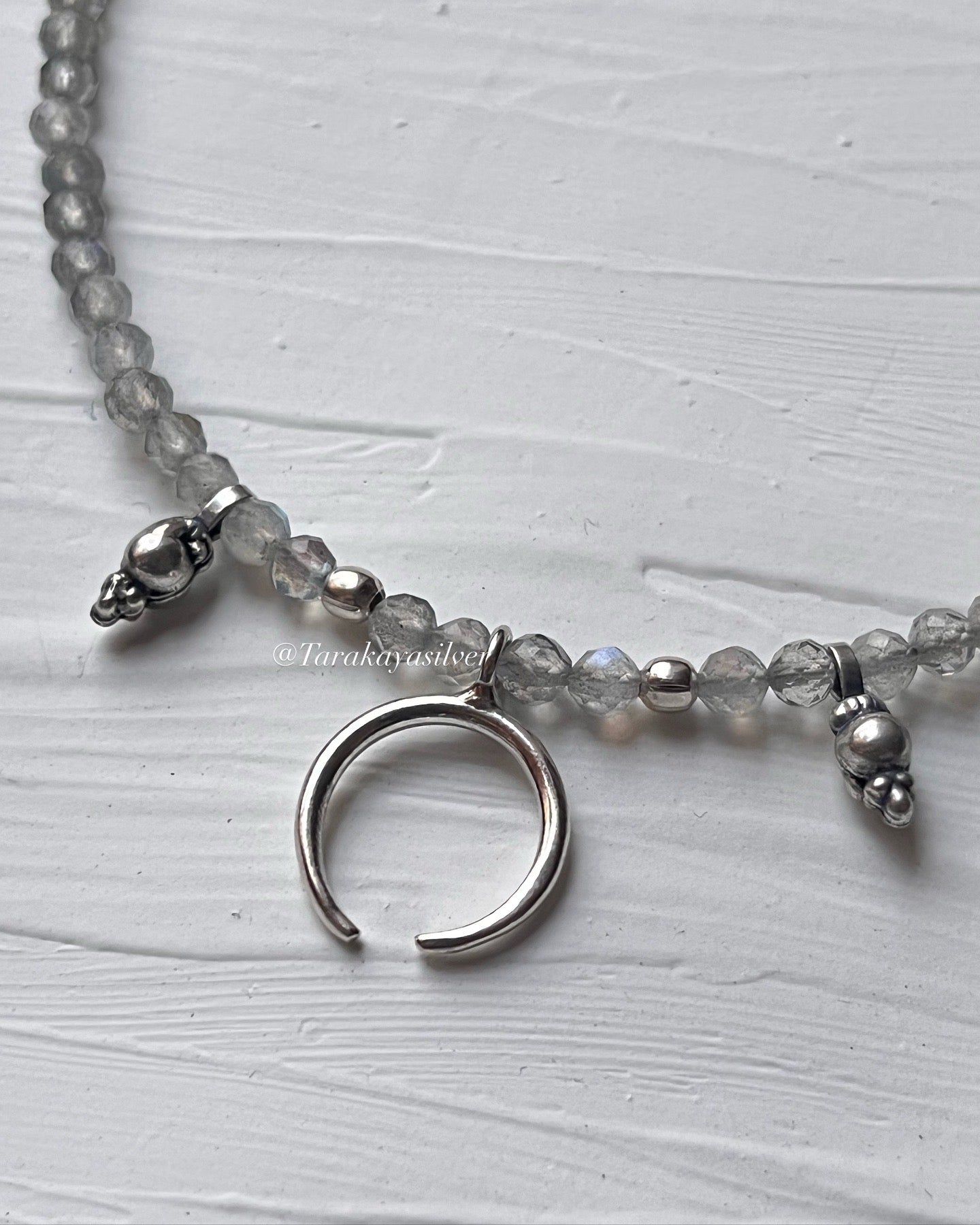 Labradorite 3-4mm Faceted Natural Crystal with Crescent Moon 925 Sterling Silver Boho Necklace