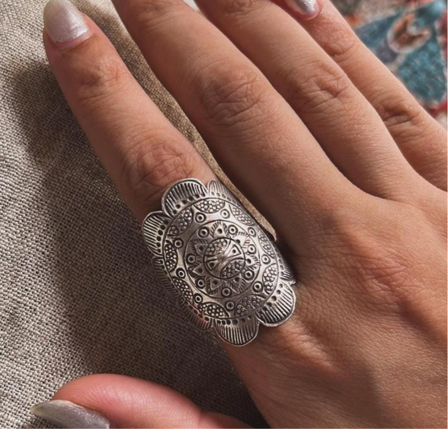 Unique tribal mandala boho statement ring with adjustable band