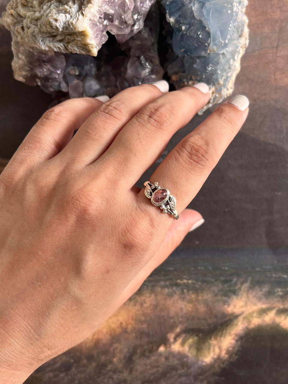 Sterling Silver Ring with Pink Tourmaline and Forest Motif