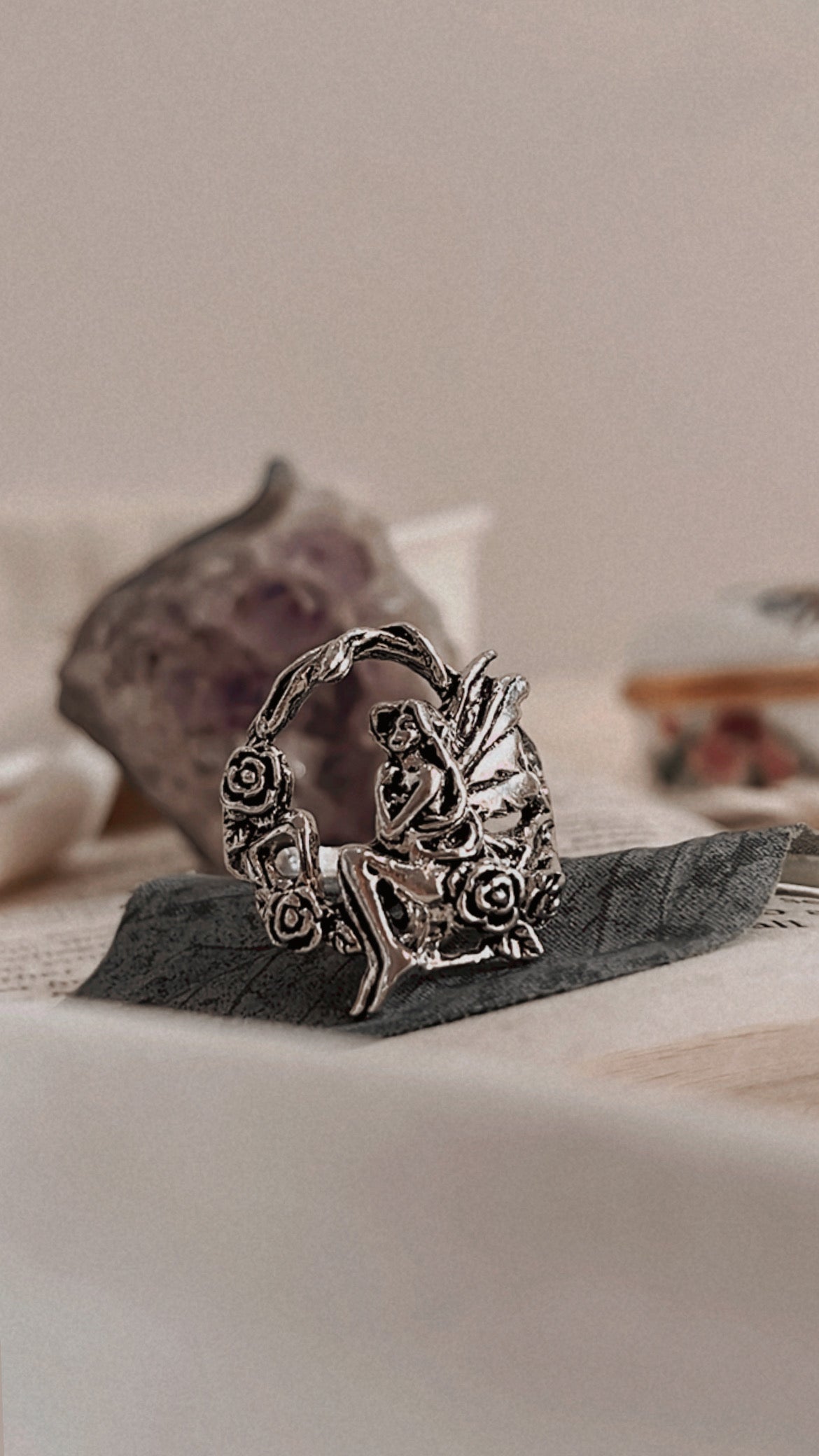 Enchanting fairy in forest silver ring with delicate design