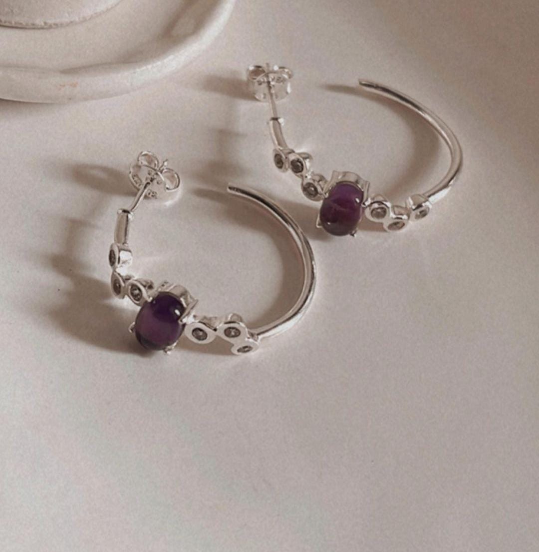 Amethyst CZ Hoop Earrings with Silver Detailing
