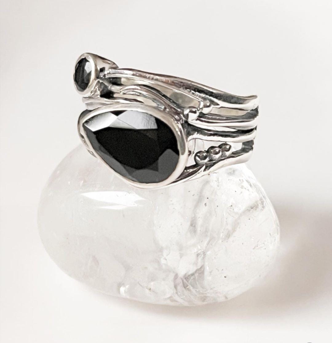 Bold Black Onyx Pear Cut Rustic Ring Design