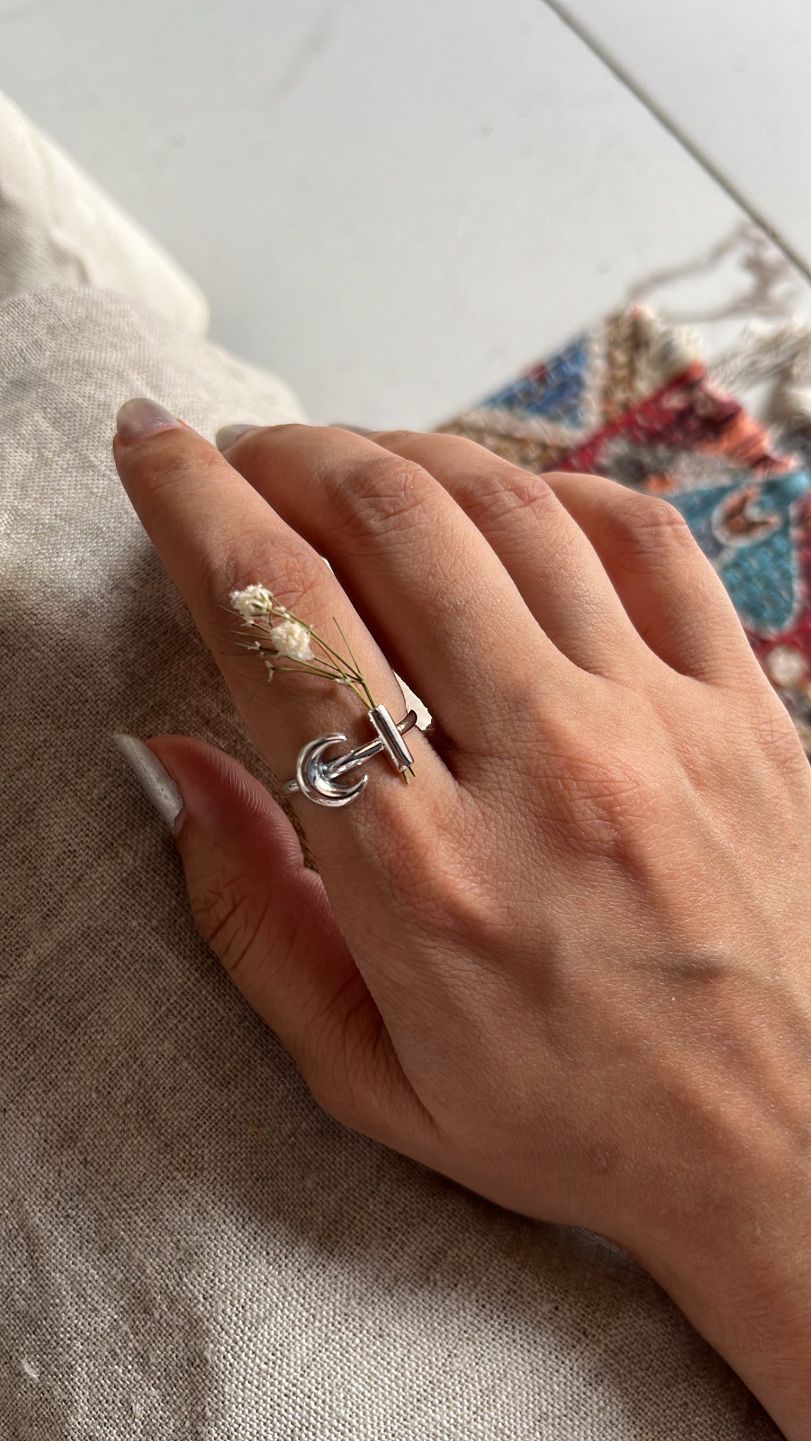 Moon Flower Holder Silver Ring with Delicate Floral and Celestial Design