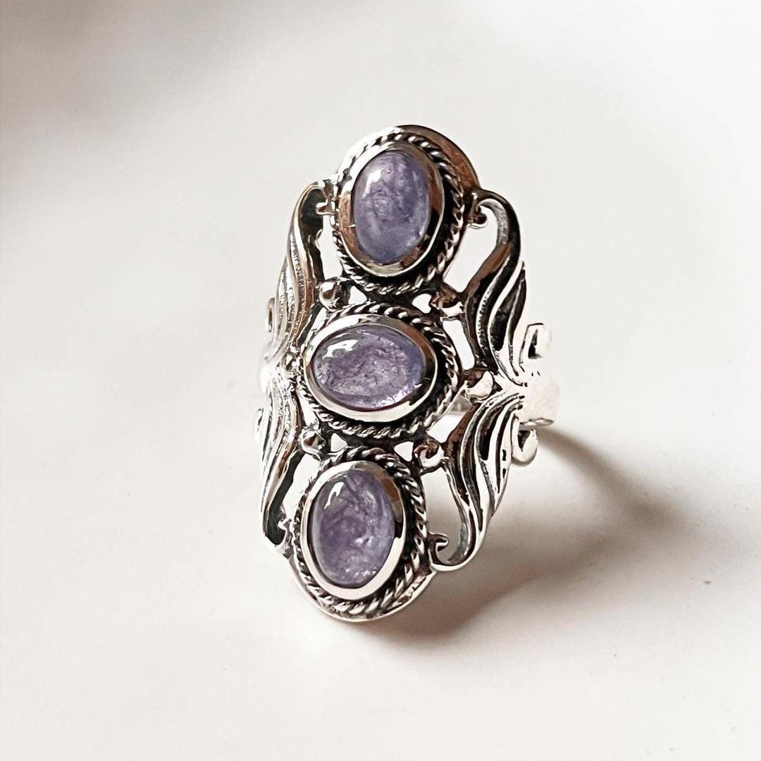 Trendy tanzanite 3 stone ring with sterling silver