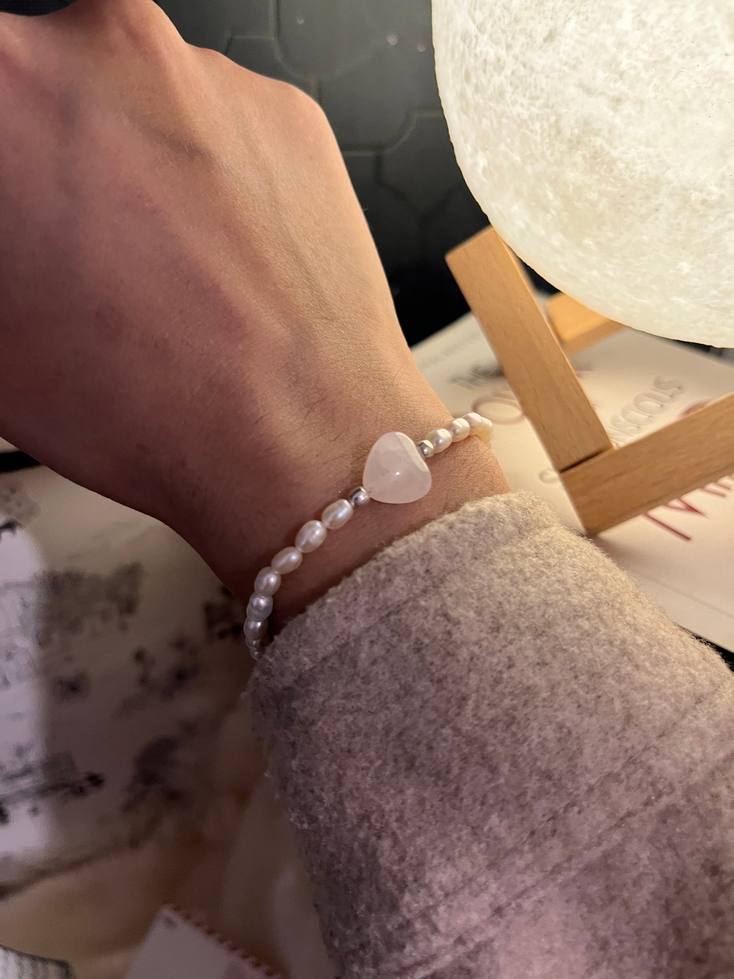 Healing Rose Quartz Heart with Freshwater Pearls Silver Bracelet