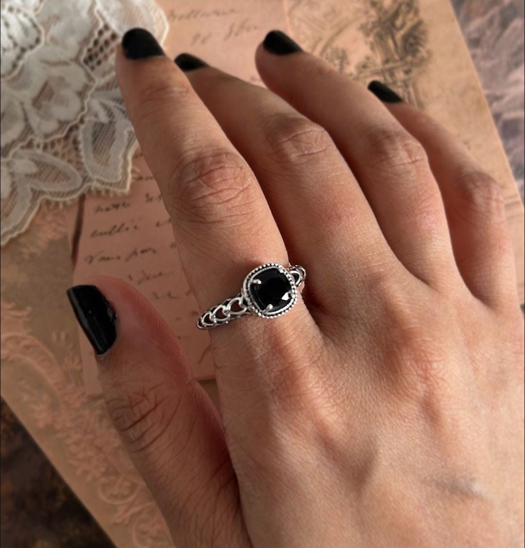 Black Onyx Silver Ring with Heart Motif
